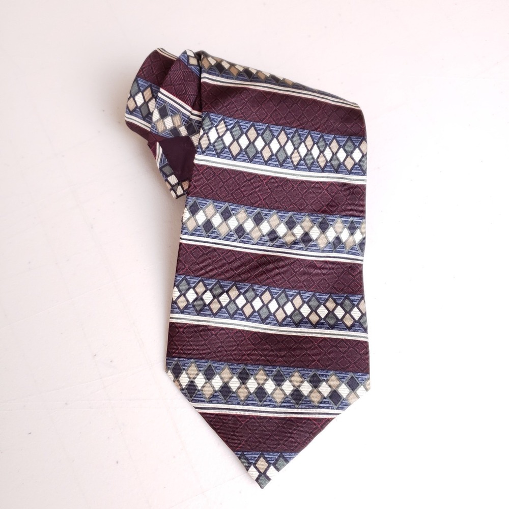 Claiborne‎ Silk Tie Mens Geometric Diamond Stripe Maroon Burgundy Retro Academia